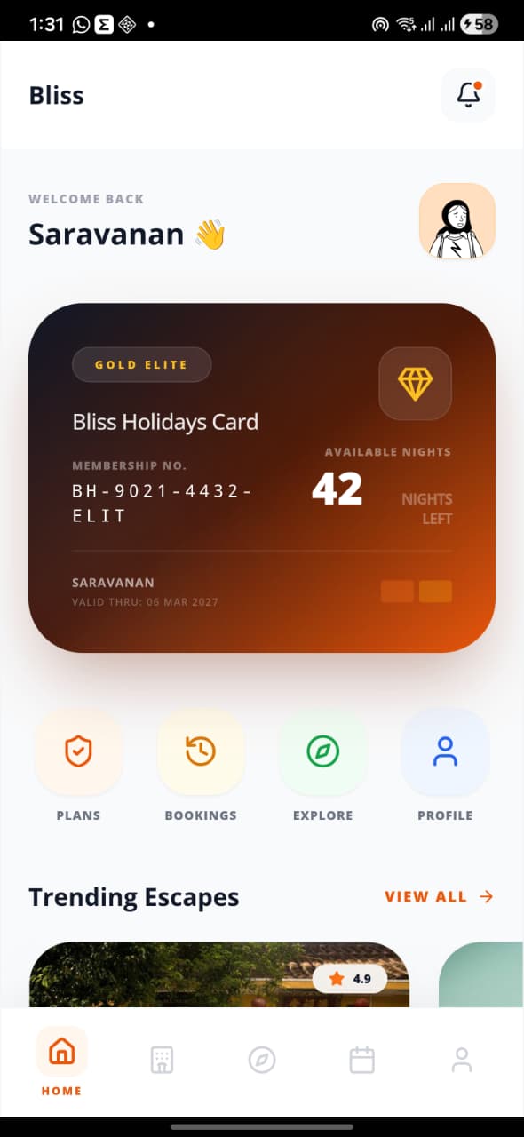 Bliss Holidays App Dashboard